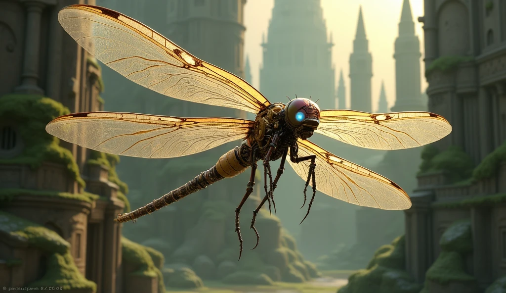 magic mechanical elegant dragonfly, ancient mechanism, fantasy art, ancient civilization