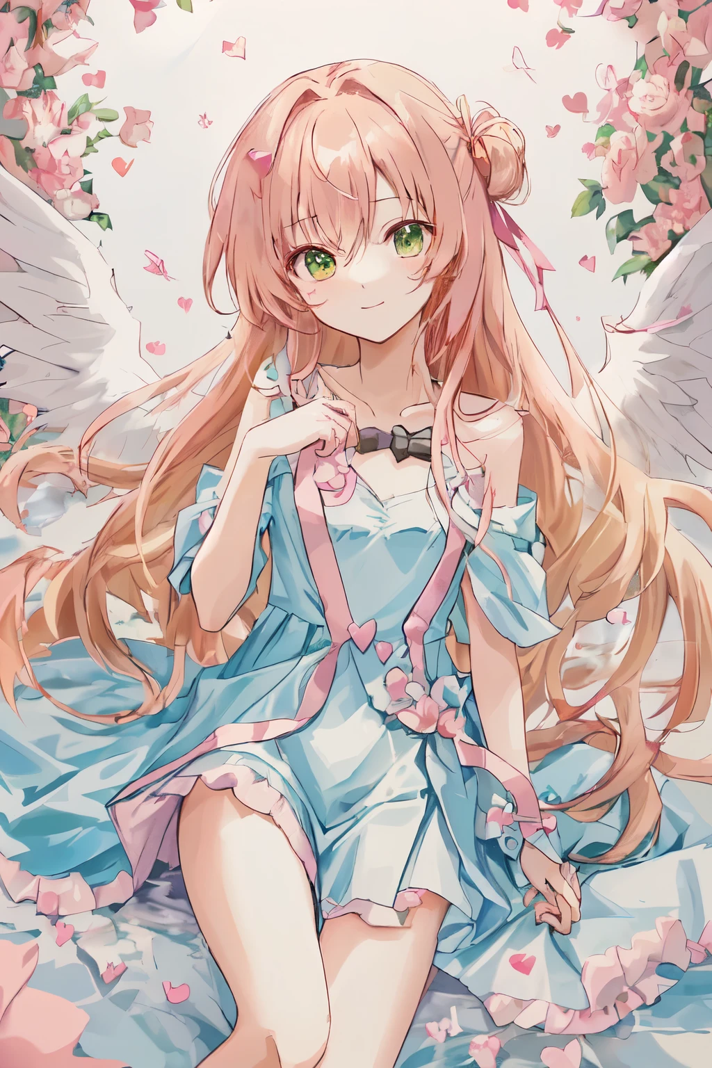 1_girl, (anime, kawai:1.8), (masterpeice, best_quality, clean:1.8), (sky_background:1.2), (cute, cute_smile, wholesome, young:1.5), (delicate, extremely_delicate, beautiful, thin:1.8), (girlfriend, angel:1.5), (green_eyes:2) (long_hair, blond_hair:1.8), (combat:1.2), (wearing_pink_dress, pink_angel_wings:1.6), (tease:1.5), (combat:1.2), extremely_delicate, (love_magic:1.5), (age_size_fits_body), (small_thighs:1.3), (breasts), (eye_level:1.3), (heart_magic, love:1.8), (warm:1.8), (folded_legs:1.5), (cheerful:1.2)