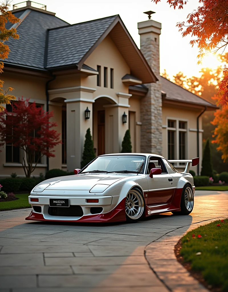 A breathtaking, high-contrast photograph of a 1985 white Mazda RX-7, with deep red accents, parked majestically on a gently sloping driveway in front of a grand, suburban house in Thailand, bathed in warm, dimly golden light. The RX-7's sleek, aerodynamic design is accentuated by a wide body kit, large rear spoiler, and low-profile tires on silver, multi-spoke rims, further enhanced by custom coilover suspension and body kits, evoking a sense of speed and luxury. The house in the background features beige siding with elegant stone accents, surrounded by a kaleidoscope of vibrant green and red foliage, signifying the beauty of fall in Thailand.