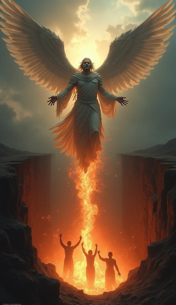 create an angel throwing several people into a hole in the ground filled with flames of fire. the ground represents hell.