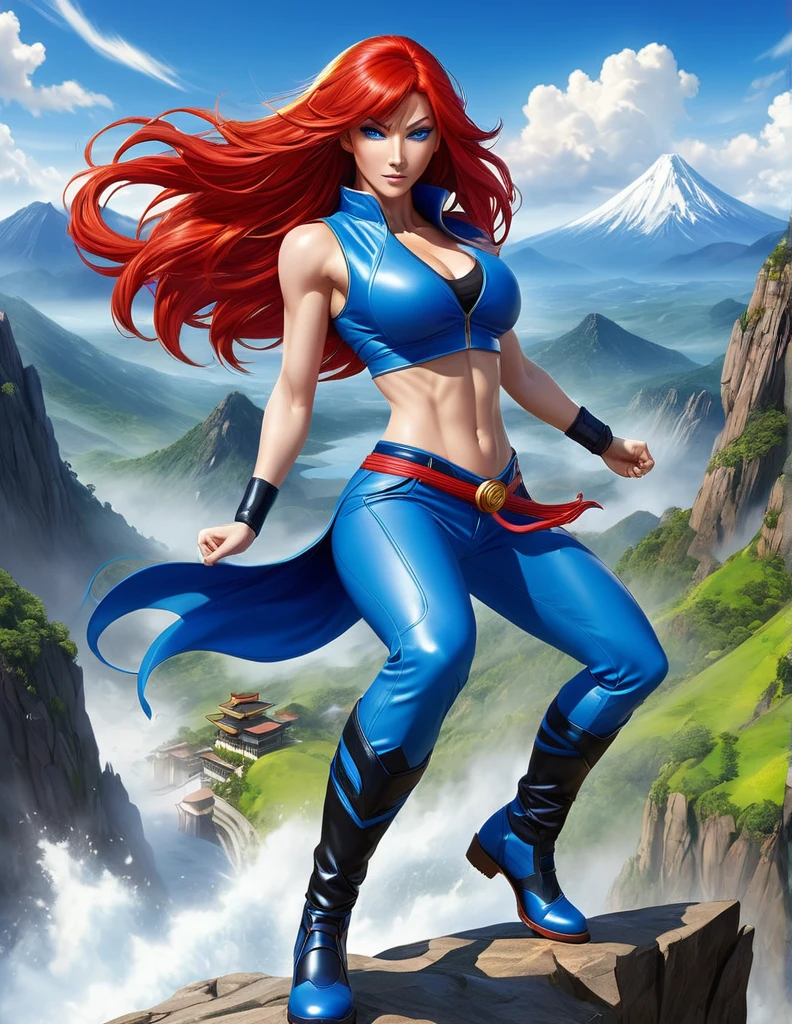 Profesora Sylara Stormblade in an anime style, as a tall, athletic Caucasian woman with long, vivid red hair and bright blue eyes. She is in a dynamic karate kick pose. Her attire includes tight-fitting blue leather pants and leather boots, which accentuate her athletic figure. The setting is a mountainous landscape, with the full-body image capturing the energy and style of anime action.