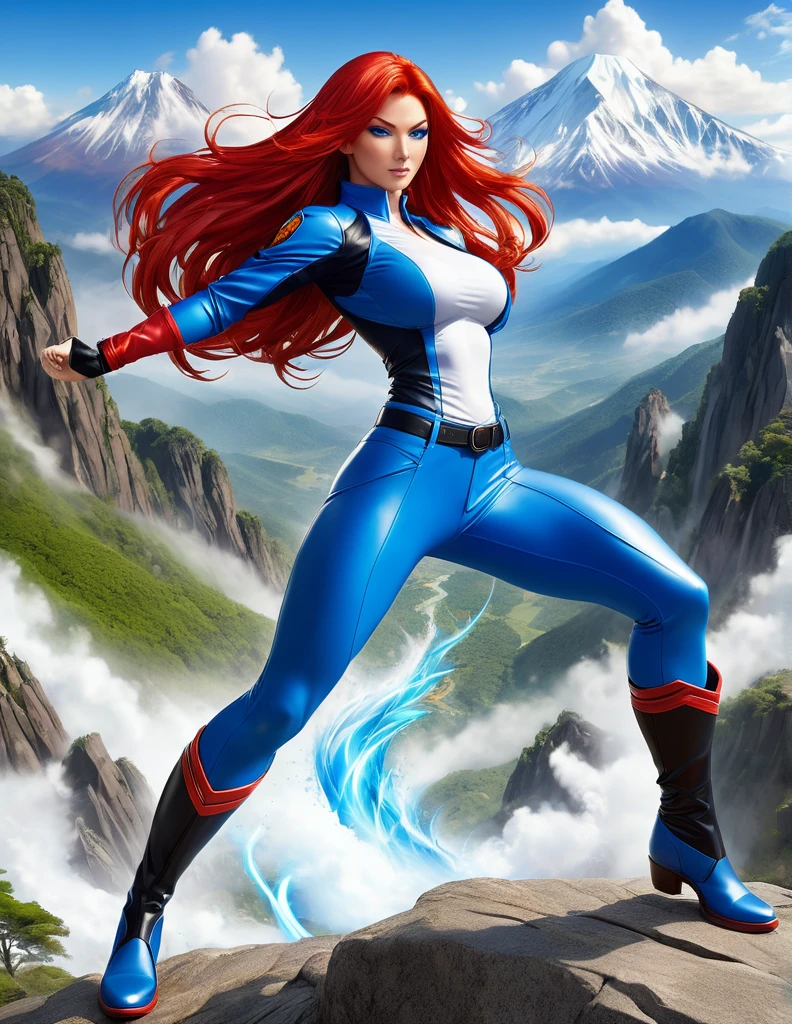 Profesora Sylara Stormblade in an anime style, as a tall, athletic Caucasian woman with long, vivid red hair and bright blue eyes. She is in a dynamic karate kick pose. Her attire includes tight-fitting blue leather pants and leather boots, which accentuate her athletic figure. The setting is a mountainous landscape, with the full-body image capturing the energy and style of anime action.
