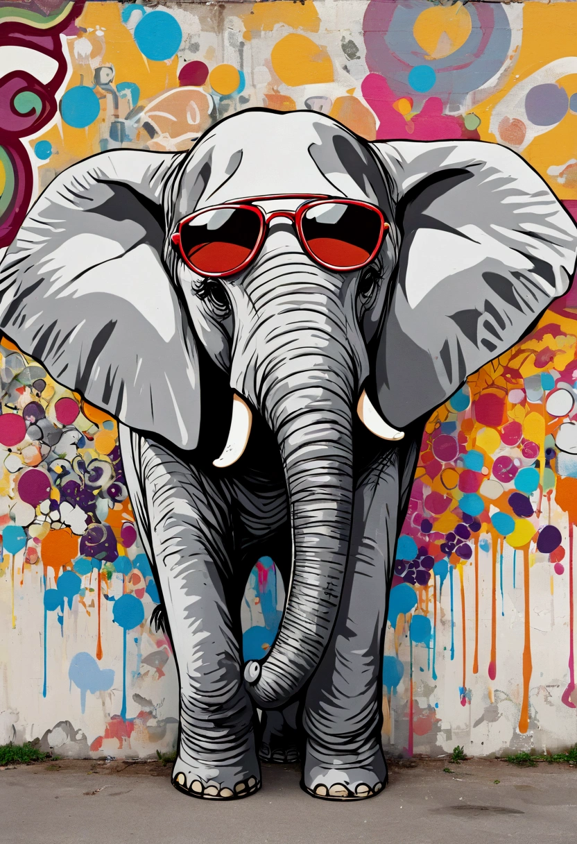 Elephant in grey white with sunglasses, pop art, graffiti