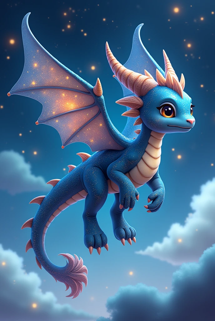 A baby dragon without horns, that on its majestic wings and on its skin it has the astral constellations captured: of the dragon, of the raven and many stars, in a cartoon anime style and this semi-flying