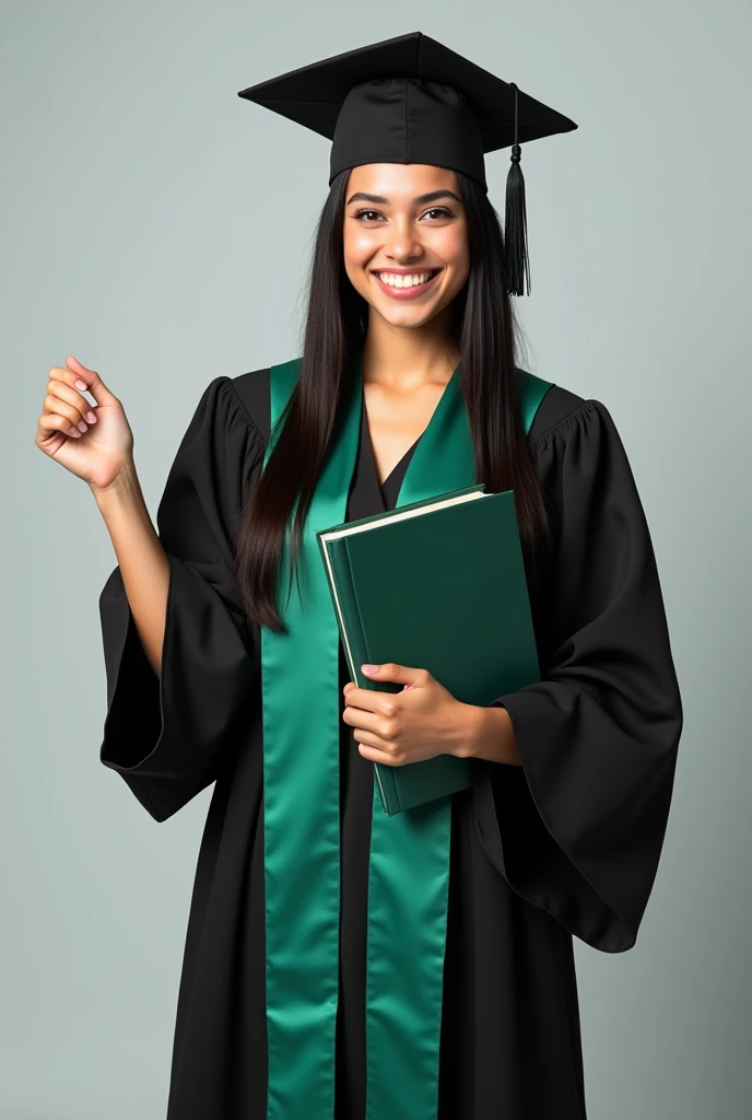 Full body image of a young white woman with brown eyes and long straight black hair smiling. She is wearing a black and green graduation gown. She is holding a book in one hand and the other hand is raised up.