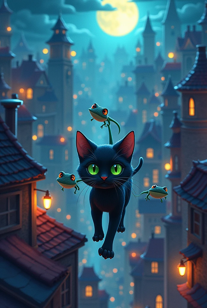 Generate a vibrant, colorful image of a moon Luna a black cat with green eyes and the lizards navigating a complex labyrinth of rooftops, with chimneys and towers creating a maze. The scene is adventurous and challenging, with Luna leading the way, while the lizards follow closely behind. The moonlight highlights the twists and turns of the maze, adding to the sense of exploration." the starry sky and sharing your dreams. The scene is dreamlike and reflective, with each character lost in thought, looking up at the stars. The atmosphere is calm and full of wonder."two friends, inspired by the artistic styles of Disney and Pixar. The setting is magical and welcoming, capturing the charm and joy characteristic of these animation studios. Details to include: -Location: A clearing enchanting with a starry sky and the moonlight illuminates everything and everything even more with tall trees around, illuminated by twinkling lights used on the rooftops. The evening light filters softly through the leaves, creating a play of light and shadow - both friends. looking up at the sky and admiring, but not limited to, a bear playing a musical instrument (such as a double bass), birds singing and dancing in the air, rabbits playing tambourines, A fox playing the guitar Have the animals show happy and friendly expressions ., with some party accessories (such as hats or bows). -Decoration: The scene should include natural decorative elements such as shining stars, vines woven into arches, and tables made from cut logs, covered with a feast of fruits, nuts, and so on. others). forest delights. - Style: Characters and environments should be rendered in the signature, highly animated style of Disney and Pixar, with special attention to detail, animal facial expressions, and a vibrant color palette that enhance the magical, festive atmosphere of the scene. Purpose: The image should evoke feelings of joy, community and the magic of nature, reflecting the optimistic spirit and visual delig