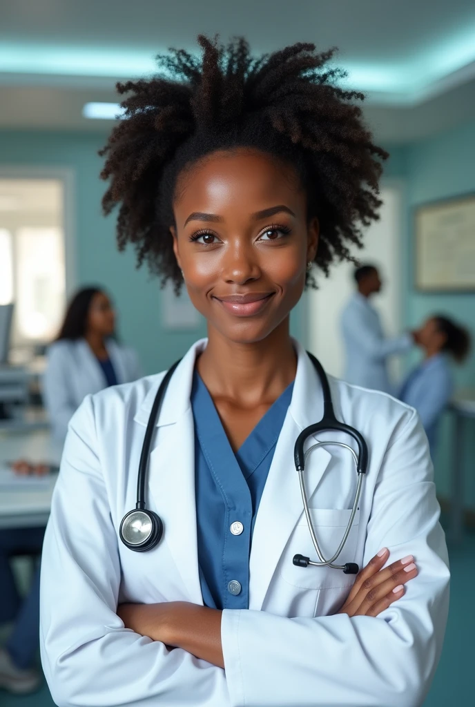Create me an image of a young black female doctor