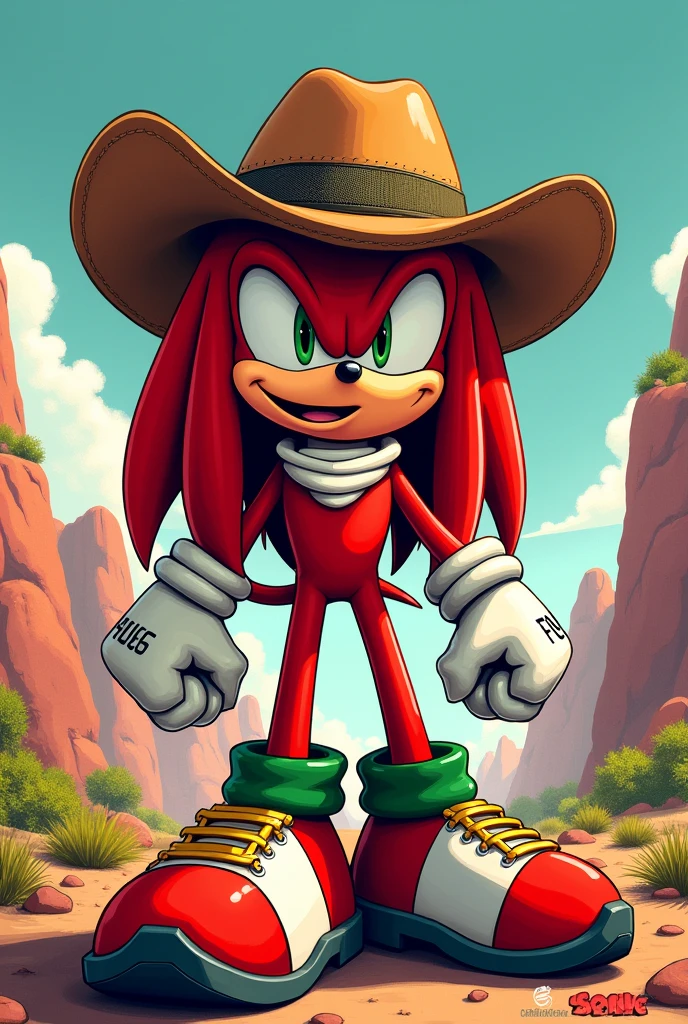 2000's style illustration of knuckles the echidna with a cowboy hat