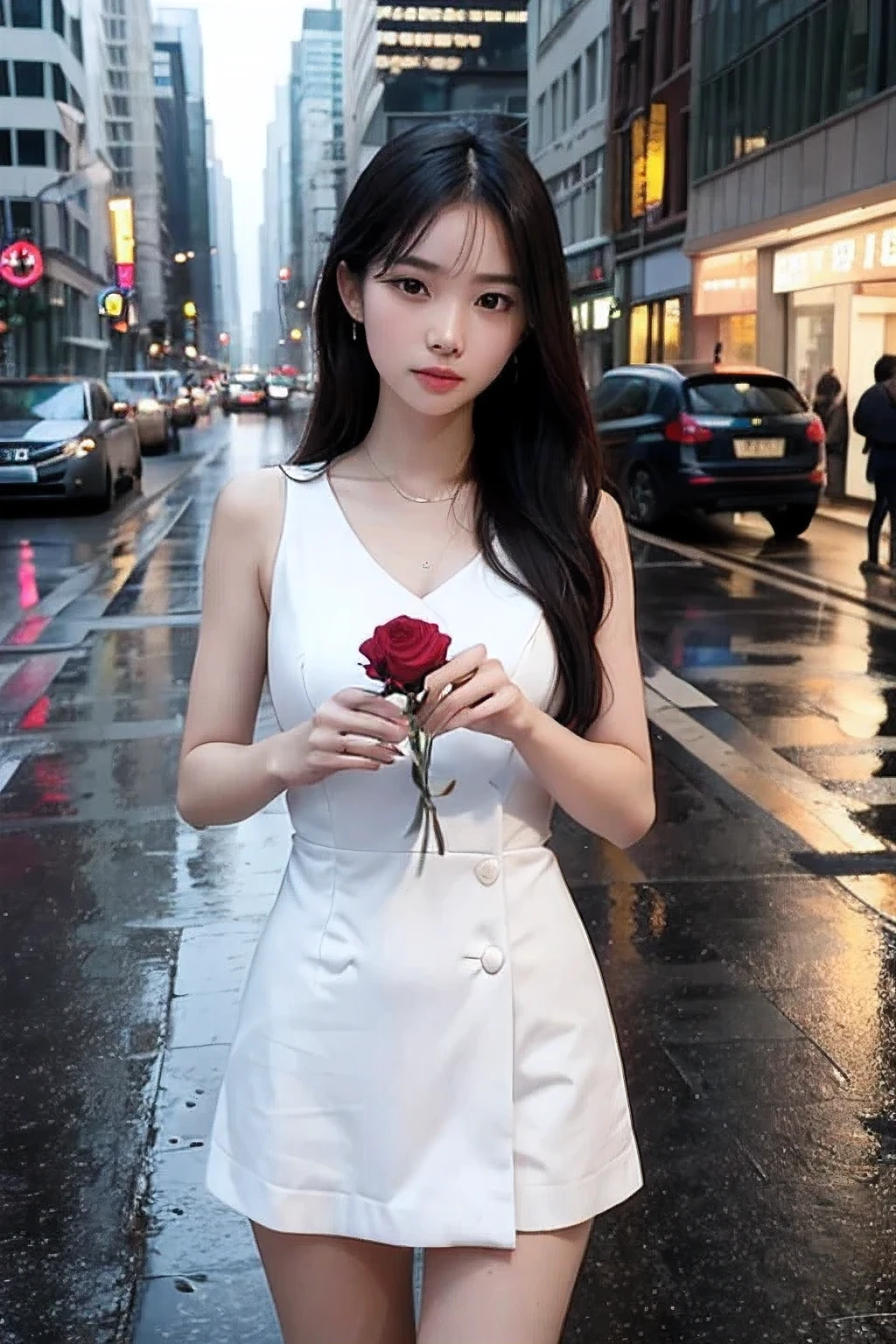 Scene Overview: A beautiful young Thai woman with fair skin and an oval face, aged 20-25, wearing a white cute dress and holding a red rose
Visual Elements: Streets wet from rain, neon lights reflecting on the pavement
Lighting and Colors: Vibrant yet isolated, blues and purples dominate
Dynamics and Motion: The young woman holding a rose on the road
Focus and Background: Focus on the young woman holding a rose on the road, with city life blurred in the background
Emotion and Atmosphere: A profound sense of the young woman holding a rose amidst the vibrant city. Expressive and poignant scenes with a focus on the young woman and the flower, set against a backdrop of modern technology and urban spaces. The visuals should convey a deep sense of yearning and emotional struggle, with muted colors and dramatic lighting to enhance the mood.