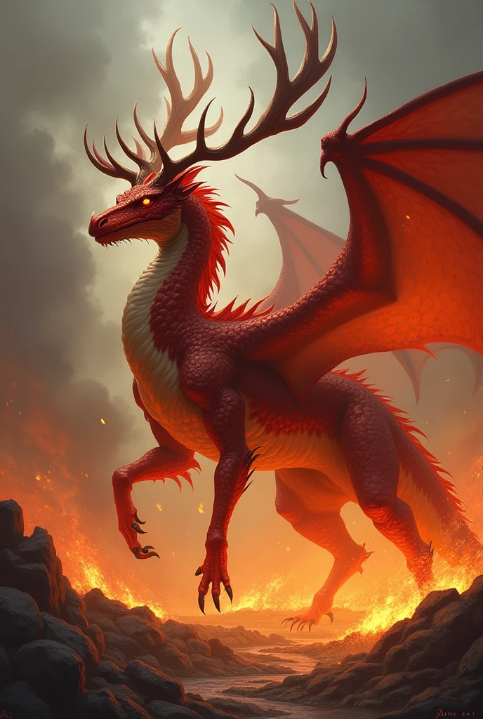 Red and brown dragon with antlers surrounded by an inferno