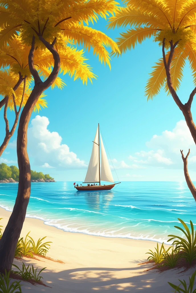 A beach with yellow guayacan trees and a sailboat in the sea suitable for a logo
