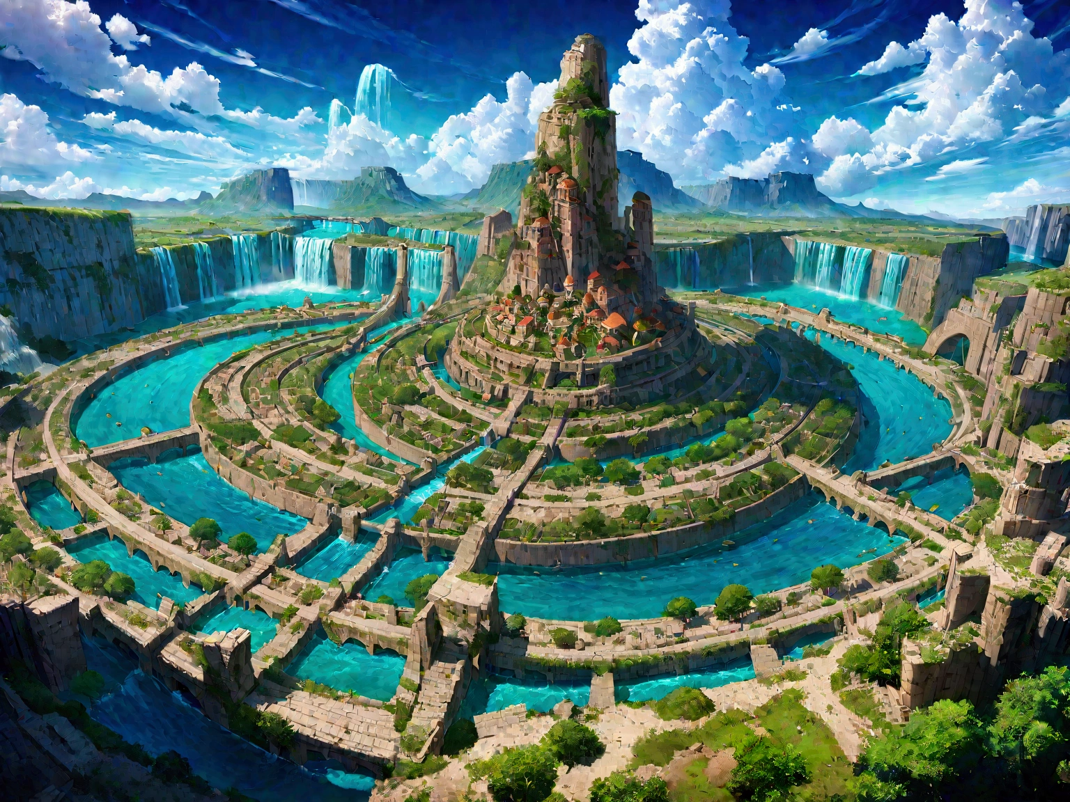 8K resolution, surreal, Super detailed, high quality, fantastical city, towering archways and bridges, cascading waterfalls, ancient ruins, lush greenery, winding river, blue skies with fluffy clouds, detailed stone structures, scenic landscapes, mix of natural and architectural beauty, vibrant colors