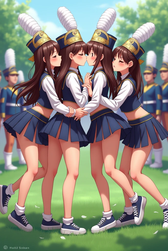detailed picture of 4 extremely cute and beautiful marching band girls kissing in short skirts showing panties