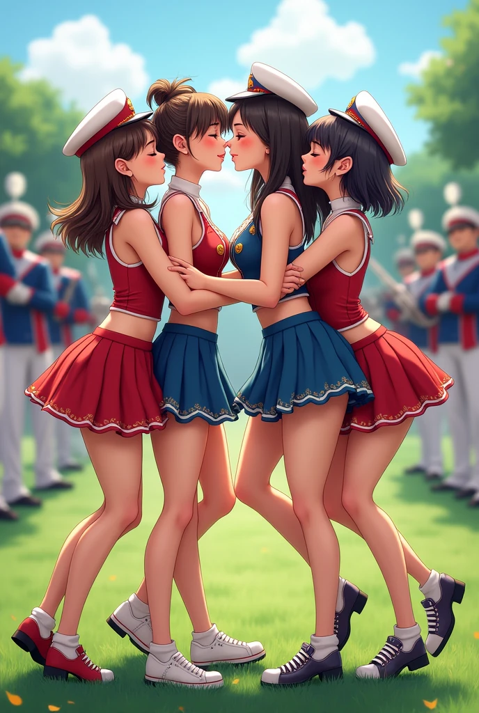 detailed picture of 4 extremely cute and beautiful marching band girls kissing in short skirts showing panties