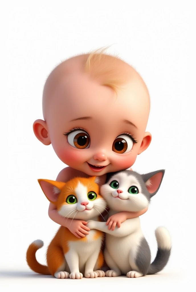create a png image with a white background of a bald baby, De pele clara, eyes browns, hugging lovingly, two cats, one of the cats with white and orange fur and the other cat with white and gray fur, both cats with green eyes, all in disney pixar style,
