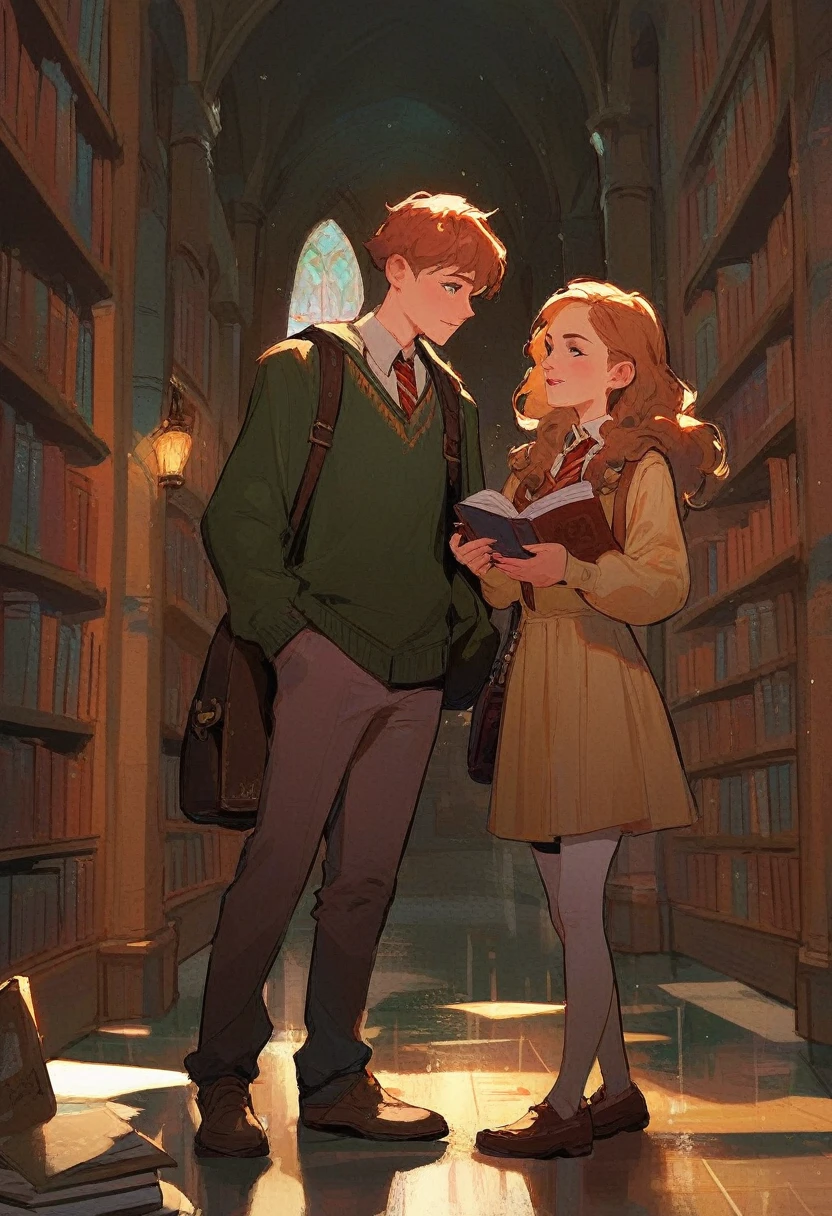 ron weasley and hermione granger, looking at each other, holding book, modern outfit, library hogwarts