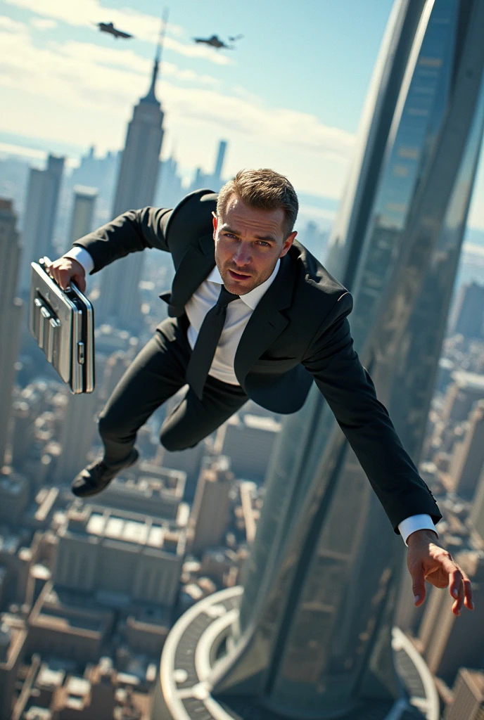 Businessman in suit in New York with briefcase in futuristic hand skydiving