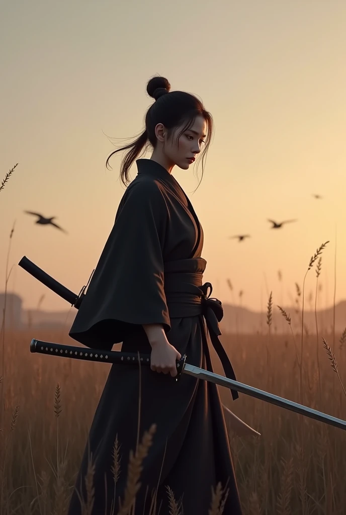 ((UHD, photorealistic)),A Photo of A lone samurai woman standing in a peaceful field at dusk, ready to draw her katana. She is wearing traditional samurai attire from the Sengoku period of Japan, consisting of a black and dark brown kimono-style robe with wide sleeves, tied with a dark obi around her waist. Her right hand is gripping the hilt of her katana, positioned near her waist as she prepares to draw it, while her left hand is steadying the sheath. Her posture is tense but focused, capturing the precise moment before action. Her hair is tied up in a traditional warrior style, and her face shows calm determination. The scene is set in a quiet field with tall grasses swaying gently in the wind, under the fading light of dusk. The color palette is soft and muted, with earthy tones for both the environment and her attire, and the background is simple, with birds flying in the distance."Additional Parameters:Style: Realistic, with a focus on action and tension in the poseLighting: Soft dusk lighting with warm, fading sunlight casting long shadowsColors: Dark black and brown tones for the attire, earthy and muted tones for the grass and skyComposition: The samurai woman centered, in a poised stance, with her katana halfway drawn, the quiet field around her creating a sense of serenity and focusEnvironment: Quiet field at dusk, soft wind moving the tall grass, birds flying in the distance