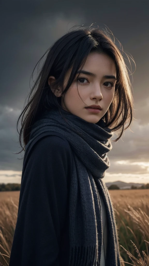 8k, best quality, masterpiece, realistic, ultra detail, photo realistic, Increase quality,
a photo of a girl standing in a field with a scarf, in the style of dark and brooding designer, voluminous mass, photobash, serene faces, jagged edges, navy, natural beauty, close-up shot