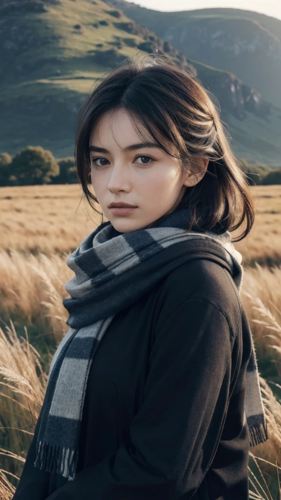 8k, best quality, masterpiece, realistic, ultra detail, photo realistic, Increase quality, 
a photo of a girl standing in a field with a scarf, in the style of dark and brooding designer, voluminous mass, photobash, serene faces, jagged edges, navy, natural beauty, close-up shot
