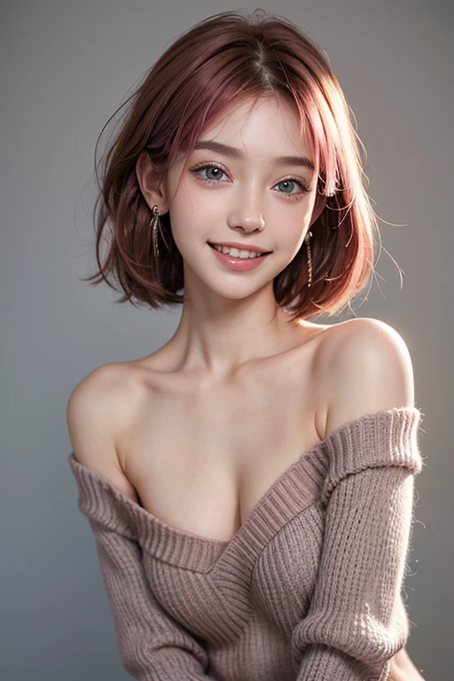 highest quality, masterpiece, Ultra-high resolution, (Realistic:1.4), (Close-up portrait) RAW Photos, 1 girl,23 years old,((I'm showing my teeth and smiling)),((Big smile)),((look up)),((Random cute poses)),,((Passionate pink haired girl )),((wearing oversized offshoulder dark-gray sweater,overly long sleeves thin fabric sweater:1.2)),Short Bob Hair、((Cap Chestnut)),((Short bangs)),Realistic,Image Media Chest))(very smallest breast cleavage:1.3)no bra.slender.
beautiful blue eyes.earrings.her right arm is raised up.(armpit)