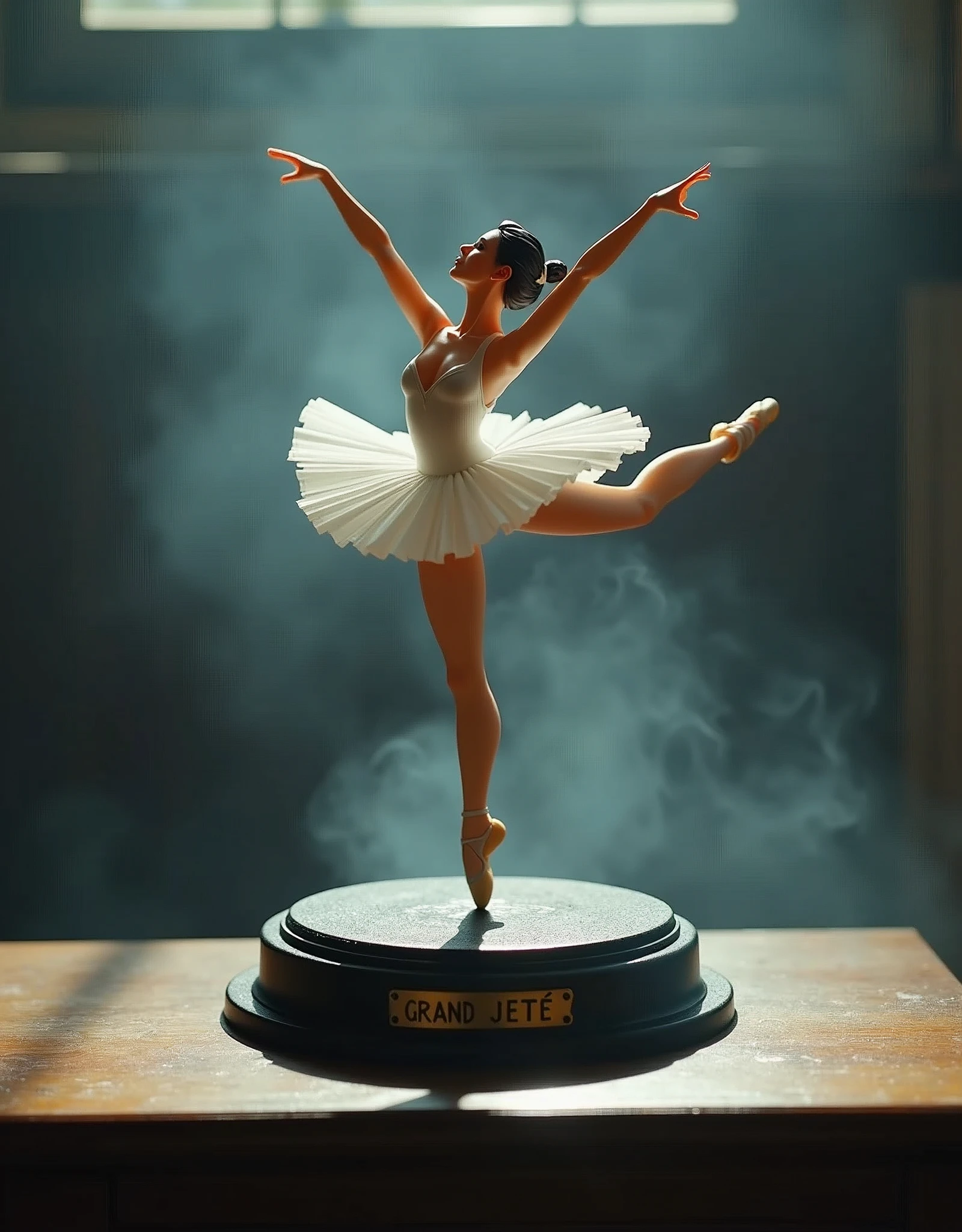 An action figure of a ballet dancer in white tutu doing a split in the air. A thin and invisible metal support holds the ballerina. The action figure is resting on a black plastic pedestal on a wooden table. (On the pedestal there is the inscription: "Grand Jeté" engraved on a gold plate). Cinematic lights. Masterpiece, best quality, 8K, photo realistic, wallpaper, wallpaper 8k, photographic contest winner, Hyperrealistic art cinematic film still photography in the style of detailed hyperrealism photoshoot. [Entire scene is surrounded by lights, evoking a magical and eerie atmosphere. The lighting is bright and atmospheric, with smoke adding a touch of sinister ambiance. Best quality image, HDR enhancement, showcasing the utmost level of detail and realism]. [8K, Best Quality, Ultra High Resolution, (highly detailed CG unity 8k wallpaper), (best photo), (best shadows), isometric 3D, octane rendering, ray tracing, highly detailed, (Best quality, 4K, 8k:1.2), absurdity, ultra detailed, (realistic, photorealistic, photorealistic:1.37), complex parts, HDR, (complex parts:1.12), (hyper detailed, hyper realistic, Soft lighting, spicy:1.2), (complex parts, Hyper detailed:1.15). Blurred foreground. (backlit), masterpiece, high quality, brightness, chromatic aberration, foggy smoke, shadows, contrast, clear sky, (warm hue, warm tone), high details, natural reflections].