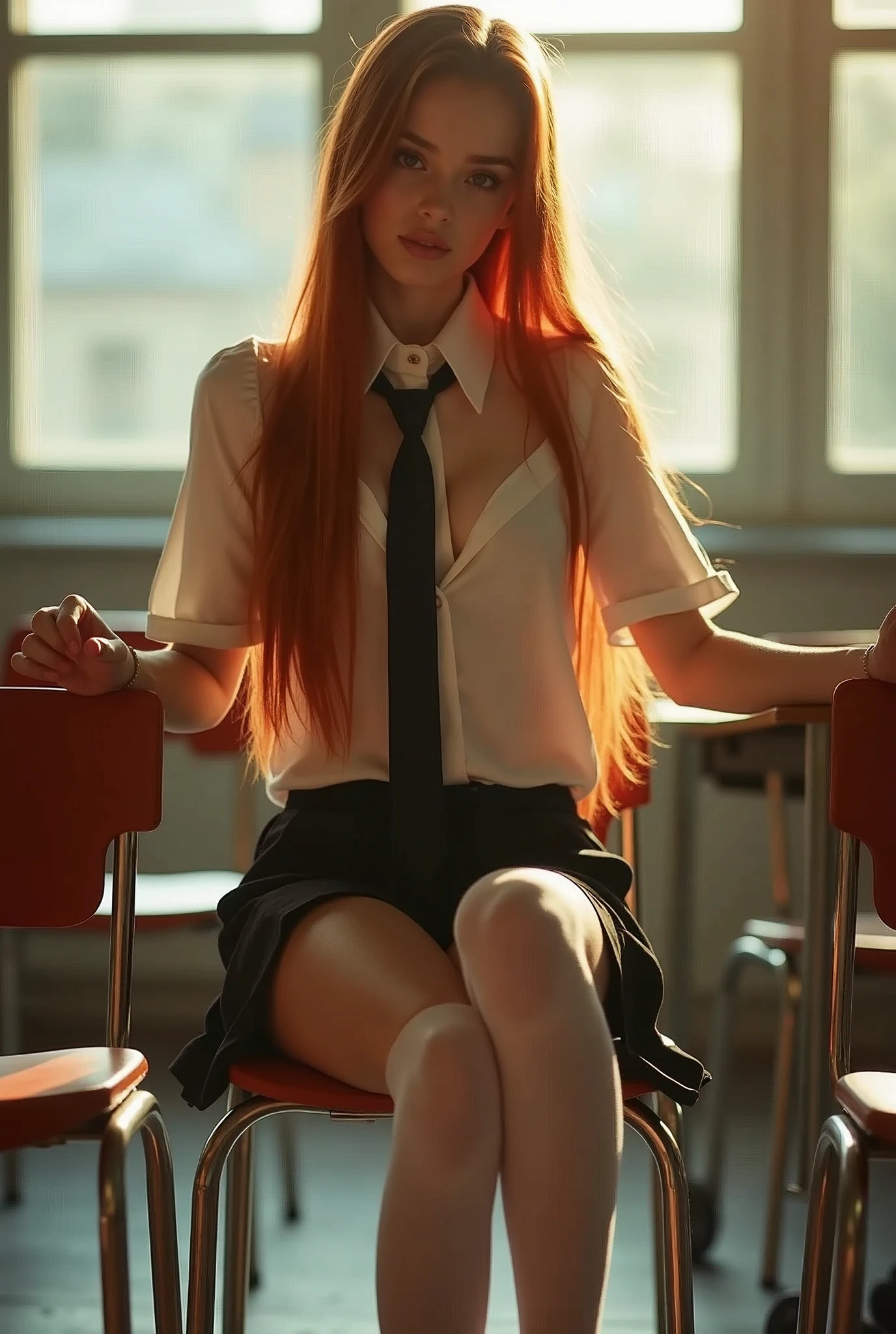 ultra realistic, photography, long straight red hair, (2, hourglass figure, perfect body, natural medium breasts), 20 inch platform high heels, Flirty look, Long eye lashes, Pink lipstick, blur background, wearing a school girl outfit (open blouse with cleavage, short mini skirt, white opaque thigh sock and tie,), sitting in classroom, sitting on a chair behind her desk, looking sedcutively, playing with a strand of her hair, she has her legs crossed, she shows the camera a notebook with the text "I Blow You for an A" written on it, she puts one finger in front of her mouth to make a "shhh" sound, the sun is shining throug the windows and making a beautiful natural light, dramatic cinematic lighting, perfect stunning picture, best quality , 8k, Alexa camera, full body picture.