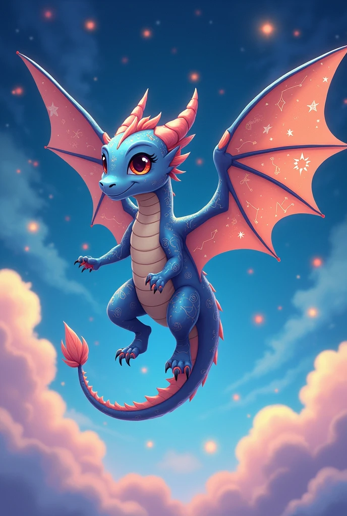 A baby dragon, that on its majestic wings and on its skin it has the astral constellations captured (lines): of the dragon, of the raven and many stars, in a cartoon anime style and this semi-flying