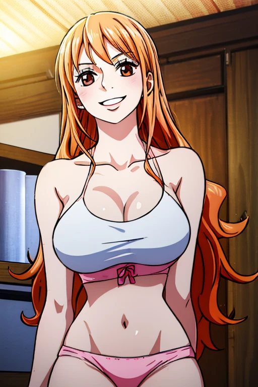 Long Hair, Silky orange hair,Pinkish white skin,Chewy skin,Large Breasts, Marshmallow-like breasts,Highly detailed CG illustration,Chewy thighs,beautiful,((High resolution)), (((Highest quality ))),Realistic beautiful skin,pale pink lips,(masterpiece),one person, gauze, Beautiful smile