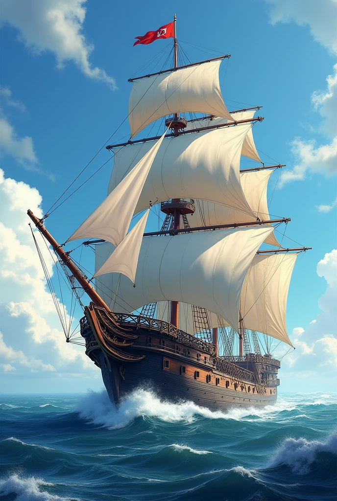 A ship with 160 feet long 30 feet wide has  3 ship sails Middle is bigger than .with 200 rower,3 big canon on front .ship nose made by wood cengal batu.captain deck on front and emperor decks on back