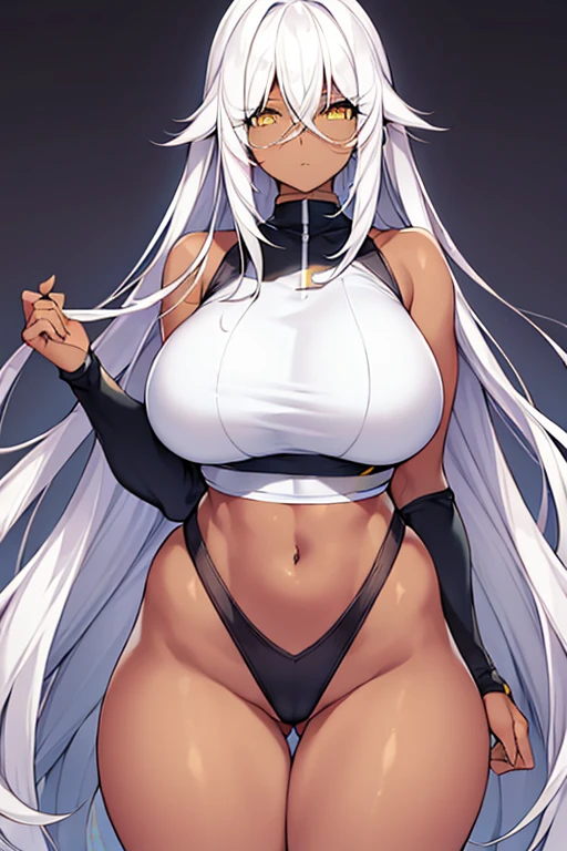 1girl, dark skin, dark-skinned female, white hair, long hair, yellow eyes, large breasts, wide hips, thick thighs, sportswear, shy, sports bra, hourglass figure, mature female, highleg, ((highleg)), bare legs, yellow trim, hair over eyes, long bangs, ((hair over eyes)), ((long bangs)), gold trim, timid, text, number, numbers,