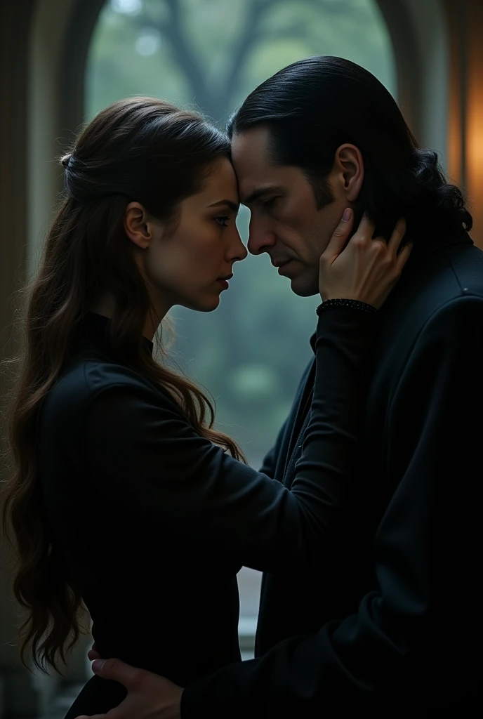 Severus snapes forehead resting against Narcissa Malloys