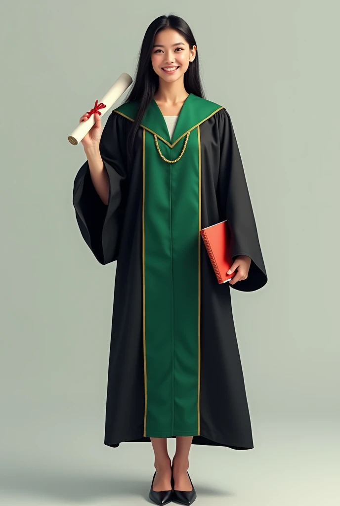 Full body image of a young white woman with brown eyes and long black straight hair smiling wearing a black and green graduation gown, black shoes. Holding 1 book in one hand and the other hand raised holding a diploma scroll.