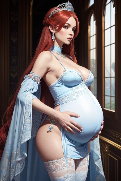 8k, masterpiece, very realistic, Full body (Sexy pregnant queen 1.2), very slim waist, slim thighs, elaborate detailed high contrast light blue dress, long straight flowing red hair, elaborate detailed patterned white stockings, medium breasts, pregnant, (curved back 1.2), silver tiara with light blue gems, from the back 