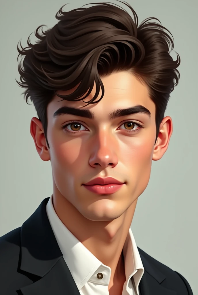 Man with singer Shawn Mendes’s young face Charismatic, beautiful, brown eyes and short dark Brown hair, wheat, serious face, but also kind not very thin not small lips, but also not big have beautiful smile but also serious and with classical style