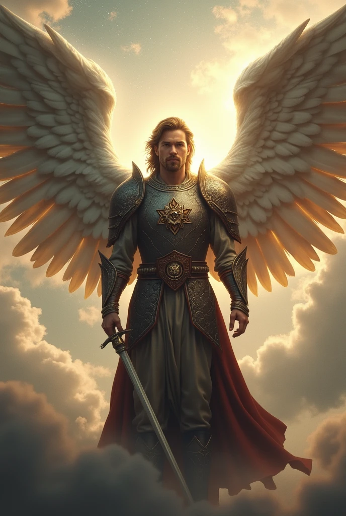 an angel with 6 wings with the appearance of a man and medieval warrior clothes