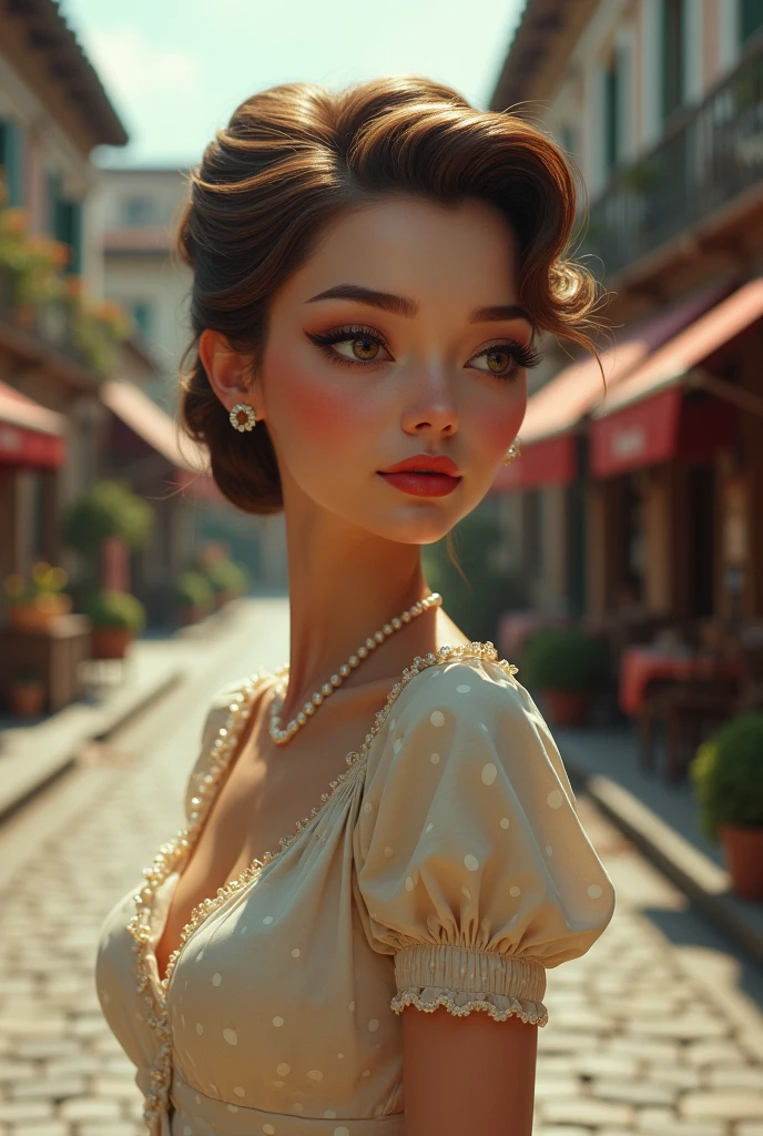 (Ultra-high resolution), (Photorealism 16K Realism), (Ultra-fine digital art), ((Ultra-realistic body proportions, Anatomically correct:1.2)), (Highly detailed beautiful face), (Light pale complexion), break, ((Small round head and face:1.25)), (Extremely detailed and beautiful slim and sharp face), (Best Best Details Real Brown_eye:1.2), ((Insanely realistic sharp-eye)), (droopy eye:1.3), Thin eyebrows, Draw eyelashes carefully, Eyelash extensions, (Tired, sleepy and satisfied:0.0), perfect round eye, Detailed pupils,break, Detailed lips:1.3, pink_compensate:1.14, Shiny Red_lipstick:1.2 ,Perfect light_eyehadows:1.25, (Detailed nose:1.2), ((She wore a retro polka dot dress with a cinched waist and pearl accessories., Finished with a classic updo:1.22)), (In the middle of a quaint town square, Cobblestone streets are lined with charming boutiques and antique stores, Where time seems to stand still:1.2), (Fascinating:1.22),