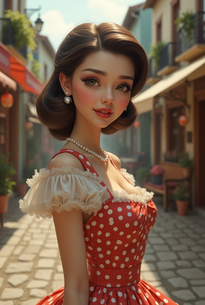 (Ultra-high resolution), (Photorealism 16K Realism), (Ultra-fine digital art), ((Ultra-realistic body proportions, Anatomically correct:1.2)), (Highly detailed beautiful face), (Light pale complexion), break, ((Small round head and face:1.25)), (Extremely detailed and beautiful slim and sharp face), (Best Best Details Real Brown_eye:1.2), ((Insanely realistic sharp-eye)), (droopy eye:1.3), Thin eyebrows, Draw eyelashes carefully, Eyelash extensions, (Tired, sleepy and satisfied:0.0), perfect round eye, Detailed pupils,break, Detailed lips:1.3, pink_compensate:1.14, Shiny Red_lipstick:1.2 ,Perfect light_eyehadows:1.25, (Detailed nose:1.2), ((She wore a retro polka dot dress with a cinched waist and pearl accessories., Finished with a classic updo:1.22)), (In the middle of a quaint town square, Cobblestone streets are lined with charming boutiques and antique stores, Where time seems to stand still:1.2), (Fascinating:1.22),
