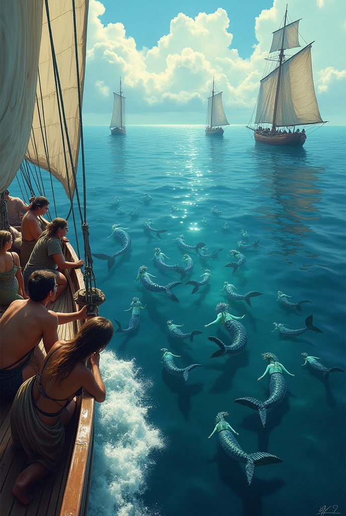 The sailors inside the sailboat spot a thousand mermaids in the sea.