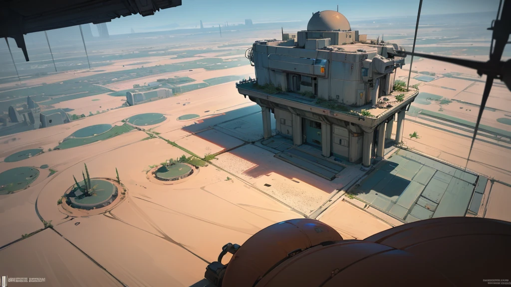 Create a scene viewed from above an abandoned base in the middle of a futuristic city on the planet Venus.. The planet's biome is desert-like and should have dry plants.