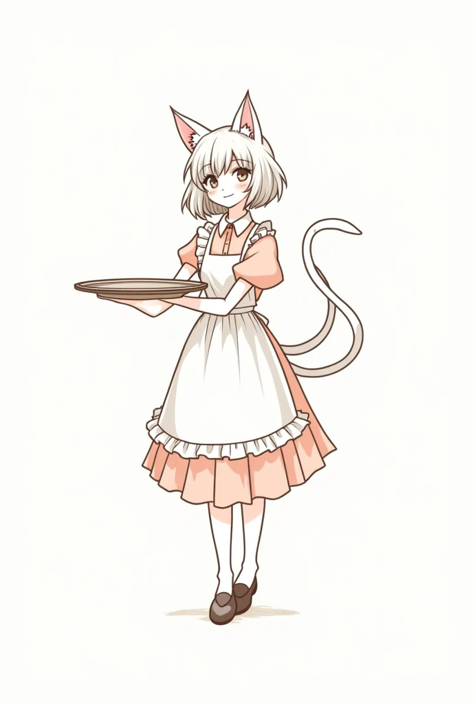 Jacques prevert illustration art, a beautiful girl, cat ears, cat tail, tray in hand, maid suit, line draw, white simple background --ar 2:3 --stylize 50