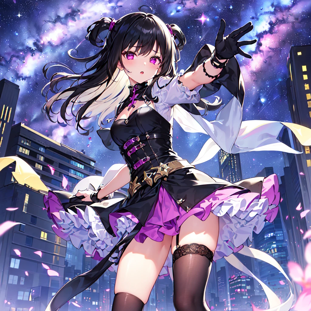 masterpiece, best quality, high quality, extremely detailed, very delicate and beautiful, (1 female 18 years old solo:1.5), (long black hair up to waist with two side up:1.5), bangs to eyebrows, eyes (eyes sharp, strong and glossy, eyebrows glossy, (eye color magenta:1.3), 6.5 head height, (summer short-sleeved gothic fashion:1.3), knee socks, lace, ruffles, (meeting someone:1.3), (dynamic pose), (background city :1.3), (Milky Way Night Sky: 1.3)