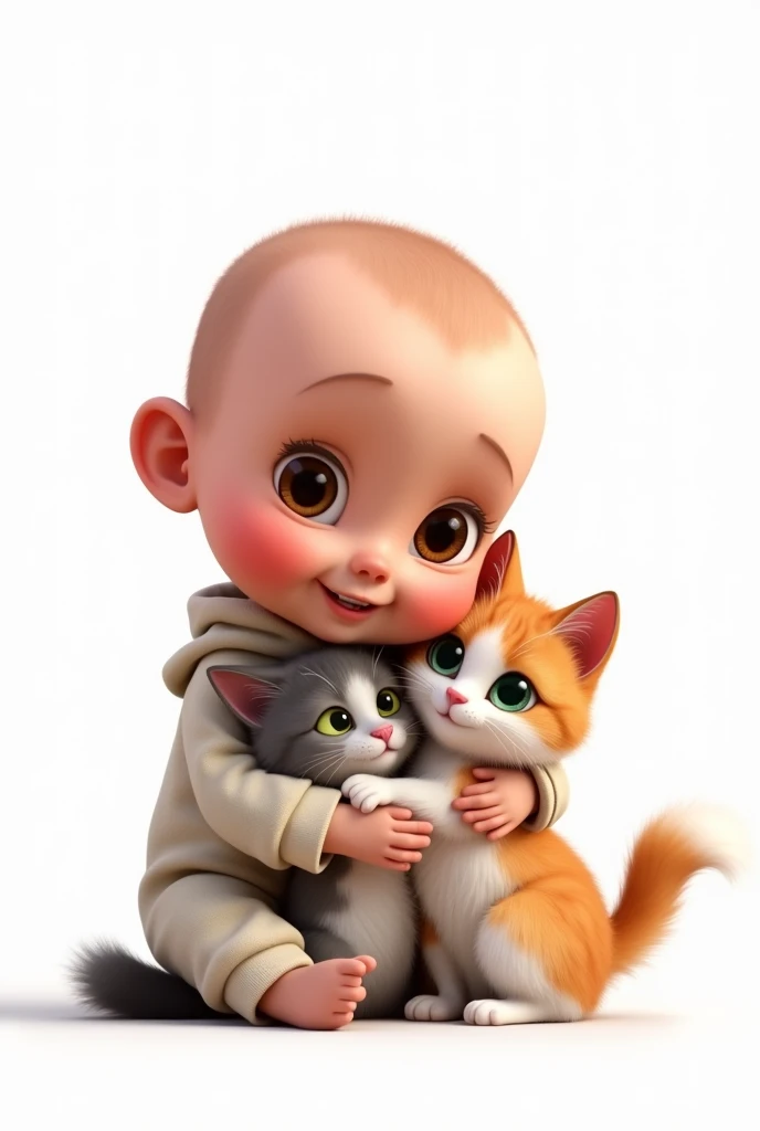 create a png image with a white background of a bald baby, De pele clara, eyes browns, wearing a onesie hugging lovingly, two cats, one of the cats with white and orange fur and the other cat with white and gray fur, both cats with green eyes, all in disney pixar style,