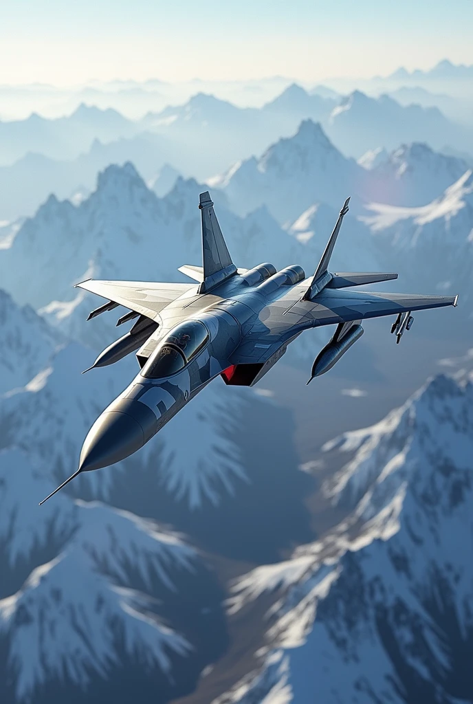 A modern jet fighter aircraft based on the Su-35 in the sky flying above snowy mountains, very realistic