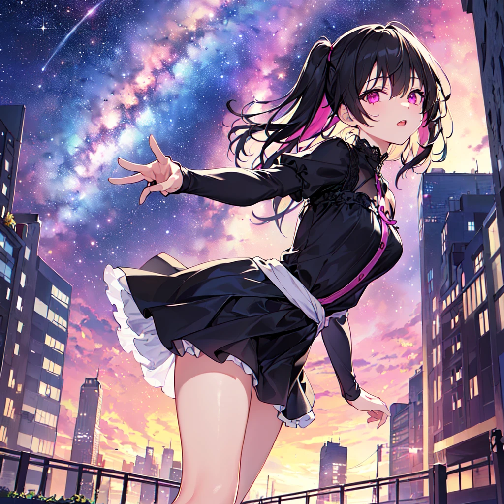 masterpiece, best quality, high quality, extremely detailed, very delicate and beautiful, (1 female 18 years old solo:1.5), (long black hair up to waist with two-side up:1.5), bangs to eyebrows, eyes (eyes sharp, strong, glossy, glossy eyebrows), (eye color magenta:1.3), 6.5 head height, (summer short sleeve casual fashion:1.3), knee socks, lace, ruffles, (meeting someone:1.3), (dynamic pose), (background city:1.3), (Milky Way Night Sky: 1.3)