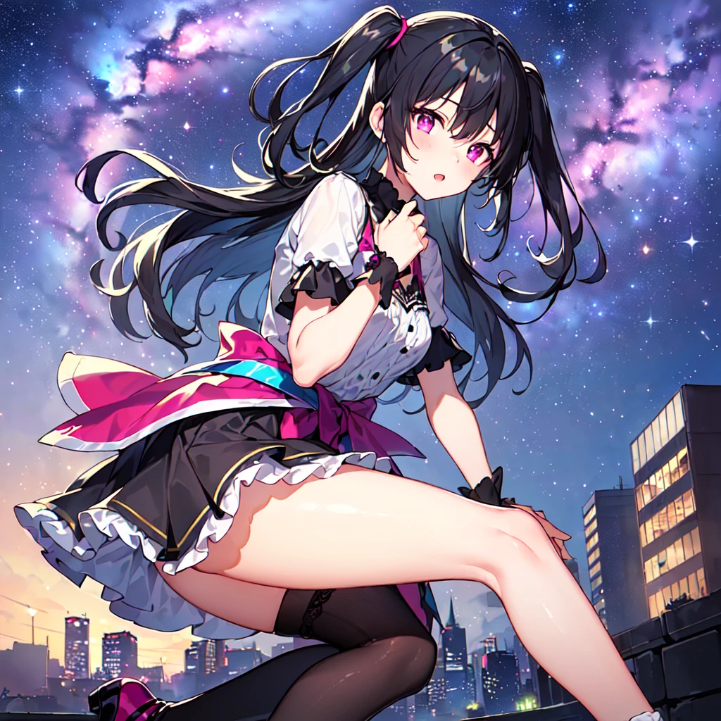 masterpiece, best quality, high quality, extremely detailed, very delicate and beautiful, (1 female 18 years old solo:1.5), (long black hair up to waist with two side up:1.5), bangs to eyebrows, eyes (eyes sharp, strong and glossy, eyebrows glossy, (eye color magenta:1.3), 6.5 head height, (summer short-sleeved gothic fashion:1.3), knee socks, lace, ruffles, (meeting someone:1.3), (dynamic pose), (background city :1.3), (Milky Way Night Sky: 1.3)