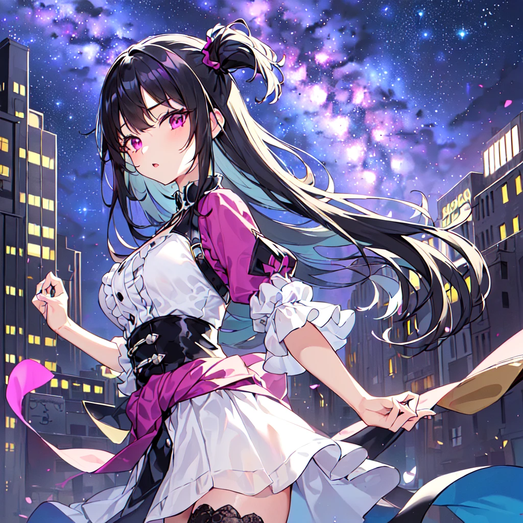 Takada Rokka, rich back lane, Black Hair, blue eyes,Long Hair, List scrunchie,smile,blush,Sleeveless purple white Chinese dress,Long slit,Black pantyhose,Stiletto heels,Walking,
break looking at viewer, whole body, (Cowboy Shot:1. 5) break outdoors, Chinese style street, break (masterpiece:1.2), Highest quality, High resolution, unity 8k wallpaper, (shape:0.8), (Beautiful and beautiful eyes:1.6), Highly detailed face, Perfect lighting, Highly detailed CG, (Perfect hands, Perfect Anatomy),