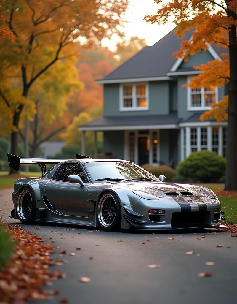 A breathtaking photograph captures the symbiotic fusion of Italian flair and Japanese innovation, juxtaposing the sleek 1985 Mazda RX-7 and the potent 2002 Nissan Skyline GT-R34 on a serene, tree-lined driveway, harmoniously nestled against the picturesque backdrop of a charming suburban home. The RX-7 exudes savage elegance, its silver and black aerodynamic body trimmed with precision, a broad spoiler majestically rising from its rear haunches as if poised for liftoff. Beside it, the Skyline GT-R34 crouches low, its asphalt-gray hue, hungry air intakes, and tufted rear spoiler evoking the savage essence of a predator. Custom coilover suspension and sleek alloy wheels grasp the concrete, telegraphing their eagerness to conquer winding mountain roads and hidden straights. Amidst the impressionist blur of autumn foliage, the warm, inviting house radiates a cozy ambiance, while the metallic beasts on its driveway tantalizingly promise unbridled adrenaline and limitless horizons, masquerading as domestic bliss, awaiting their liberation onto the open road.