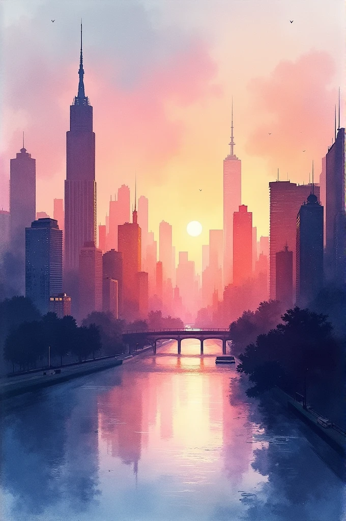 Asthetic cityscape with watercolor