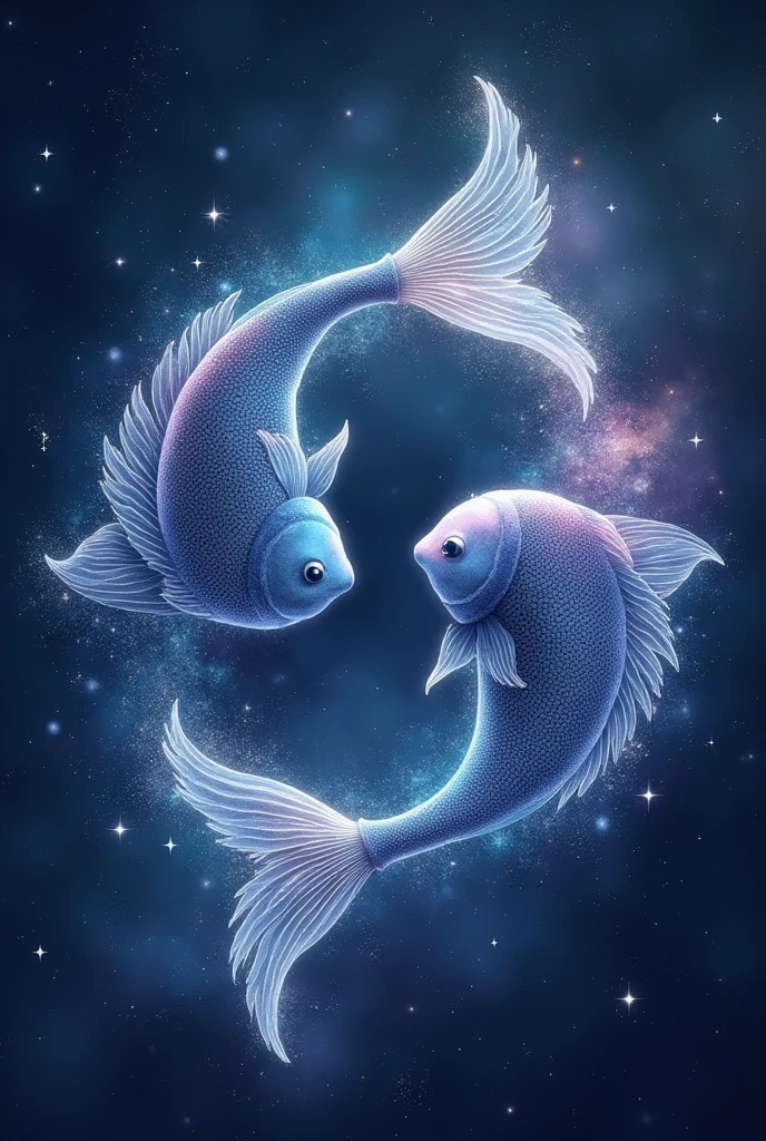 1. **Pisces Symbol**: The Pisces symbol is represented by two fish swimming in opposite directions, connected by a curved line. In galactic style, draw the symbol with a starry and fluid light effect, perhaps with the glow of stars and nebulae reflected in the shapes of the fish.

2. **Colors and Style**: Use a color palette that includes deep blue hues, roxo e prata, with details in aquamarine green and light pink. The background should be a space panorama, with soft nebulae, distant galaxies and a sense of fluidity and mystery.

3. **Additional Elements**: Incorporate elements that evoke the aquatic and mystical world. Add ethereal fish made of stars and cosmic dust swimming in a cosmic waterscape. Include details such as waves of stellar energy and constellations that intertwine to reflect the emotional and spiritual connection of Pisces.

4. **Texture and Effects**: Use water and stardust textures to give a sense of movement and fluidity. Apply subtle sparkles and soft light effects to highlight the symbol and create a dreamlike and magical environment, reflecting the dreamy and intuitive nature of Pisces.